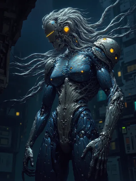 Pandora in a Cerulean Shell, Robotic Dark Blue skinned woman, Long Flowing Silver Hair, Large Breast, Voluptuous muscular Build, wide hipped, thick muscular thighs, wearing a Silver Corset, iridescent yellow glowing glass eyes, standing in a laboratory