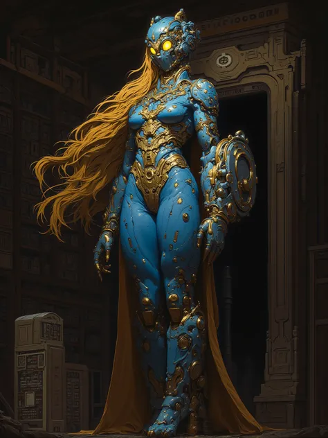 Pandora in a Cerulean Shell, Robotic Blue skinned woman, Long Flowing Golden Hair, Large Breast, Voluptuous muscular Build, wide hipped, thick muscular thighs, wearing a Golden Corset, iridescent yellow glowing glass eyes, standing in a laboratory