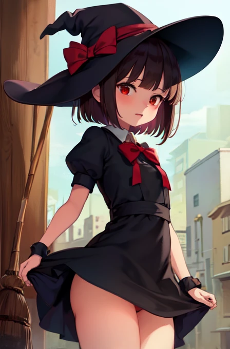 ((top quality)), (masterpiece), (detail), (detail), 1 girl, , witch, red bow, short bob, simple black dress, strung on a broom, no panties, turning over to see inside, Small Clitoris, Large Labia,embarrassing, in the city, Studio Ghibli,