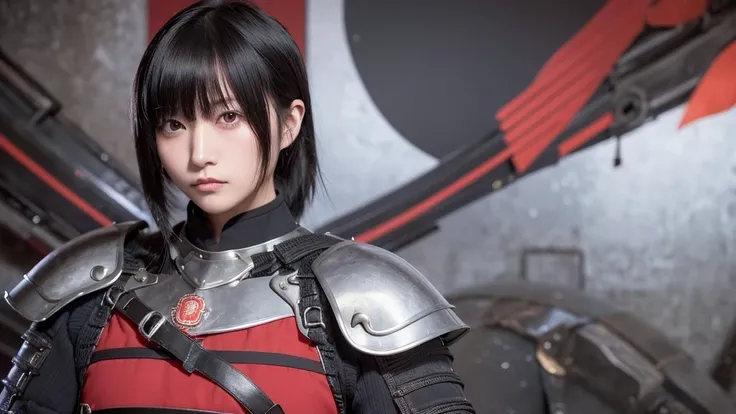  female 1,  Japanese woman, Age 25,  Solo Focus, Black hair with bangs , Dark Eyes,  big breasted ,  toned body, Intricate Samurai Armor ,  battle pose, Masterpiece, ,  RAW photo,   Detailed Feel  ,  detailed color,   detail hair on the front of the wall ,...