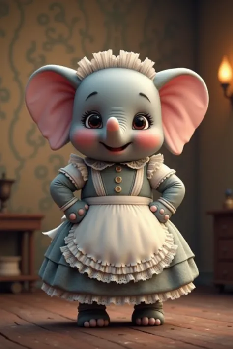 photorealistic portrait of Dressed animals - a ((fat)) chibi (baby elephant) maid, (art by Carne Griffiths:1.2),(full body image:1.5),(furry),(happy smile),(hands on hips:1.5), ,(intricate detailed (Lolita Fashion:1.5), highly detailed clothes ,ruffle head...