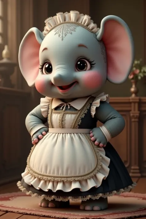 photorealistic portrait of Dressed animals - a ((fat)) chibi (baby elephant) maid, (art by Carne Griffiths:1.2),(full body image:1.5),(furry),(happy smile),(hands on hips:1.5), ,(intricate detailed (Lolita Fashion:1.5), highly detailed clothes ,ruffle head...