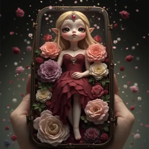 Tiny Vampire Empress Lying Down in a Glass coffin that filled with colorful flowers, Buried in Colorful roses, Gypsophila, Beautiful Reflective Eyes, Innocent, Tiara with brilliant Ruby, Leggy Full Body from DirectlyAbove,  (Red Roses Covering her Rocket-O...