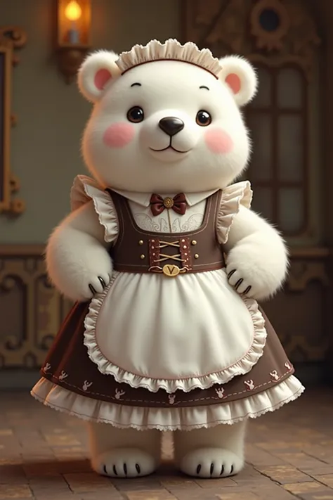 photorealistic portrait of Dressed animals - a ((fat)) chibi (baby polar bear) maid, (art by Carne Griffiths:1.2),(full body image:1.5),(furry),(happy smile),(hands on hips:1.5), ,(intricate detailed (Lolita Fashion:1.5), highly detailed clothes ,ruffle he...