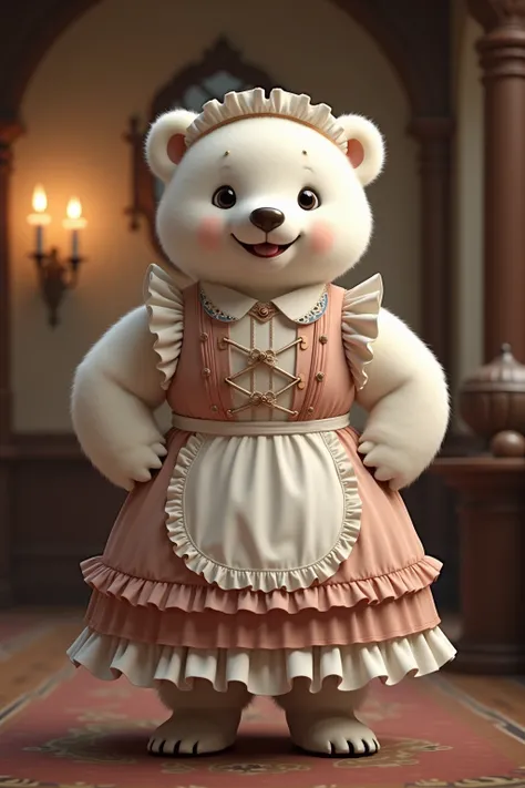 photorealistic portrait of Dressed animals - a ((fat)) chibi (baby polar bear) maid, (art by Carne Griffiths:1.2),(full body image:1.5),(furry),(happy smile),(hands on hips:1.5), ,(intricate detailed (Lolita Fashion:1.5), highly detailed clothes ,ruffle he...