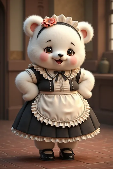 photorealistic portrait of Dressed animals - a ((fat)) chibi (baby polar bear) maid, (art by Giuseppe Arcimboldo:1.2),(full body image:1.5),(furry),(happy smile),(hands on hips:1.5), ,(intricate detailed (Lolita Fashion:1.5), highly detailed clothes ,ruffl...