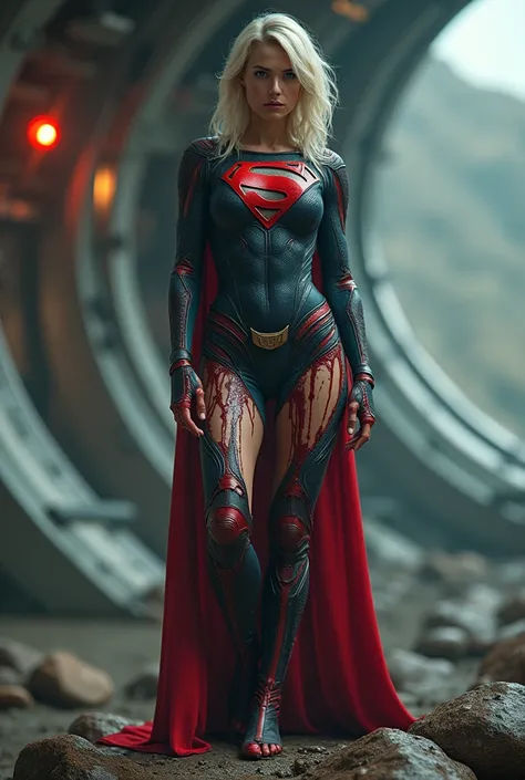  super detailed ,Realistic, realistic,whole body，4K, 1 skinny beauty warrior， wears a war-damaged version of a tight, sexy openwork Superman uniform,（Superman girl ：1.2），Very injured ，Bleeding profusely， heels,,In a spaceship,whole body,(Exposed breasts:1....