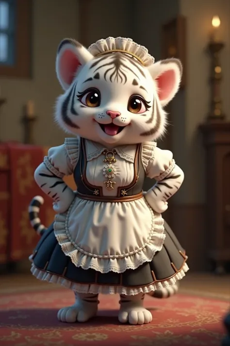 photorealistic portrait of Dressed animals - a ((fat)) chibi (baby white tiger) maid, (art by Carne Griffiths:1.2),(full body image:1.5),(furry),(happy smile),(hands on hips:1.5), ,(intricate detailed (Lolita Fashion:1.5), highly detailed clothes ,ruffle h...