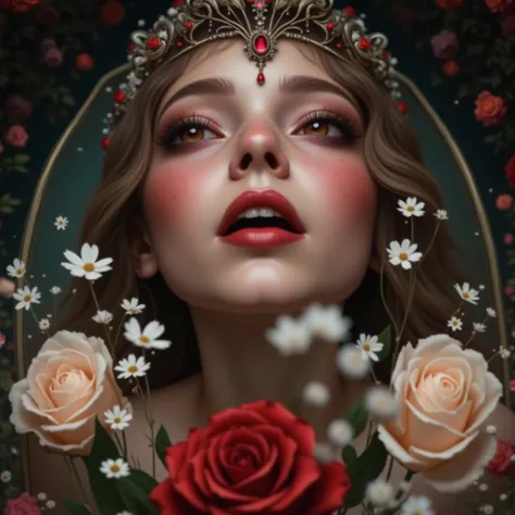 Tiny Vampire Empress Lying Down in a Glass coffin that filled with colorful flowers, Buried in Colorful roses, Gypsophila, Beautiful Reflective Eyes, Innocent, Tiara with brilliant Ruby, Leggy Full Body from DirectlyAbove,  (Red Roses Covering her Rocket-O...