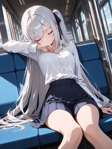 (masterpiece, best quality, extremely detailed, 8k, anime, cinematic photo:1.2), 
1girl, silver hair, very long hair, blue eyes, petite, white shirt, long sleeves, blue box pleated skirt, hair ribbon, thai school uniform, closed eyes, sleeping, sitting, dy...