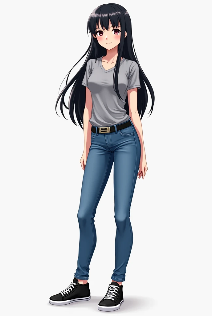  anime girl image [appearance= " long black hair ", " brown eyes", pale skin", "height= 168 cm", " muscular build "] [Clothes= "grey t-shirt", "blue jeans", " black sneakers "] 2d, muy detallado,  Precise,  high definition , 4k,  Tall details  