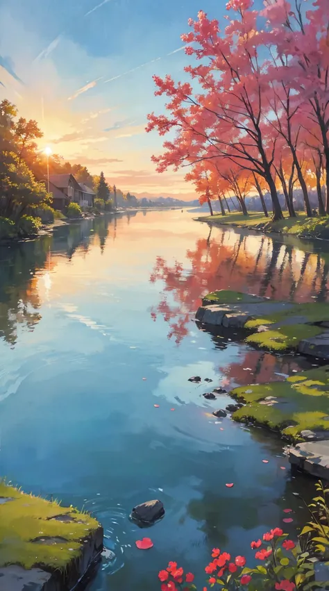 Impressionistic watercolor landscape revealing a rustic dwelling precariously nestled against a serene flowing river, as the declining sun births a variegated canvas in the sky and mirrors its brilliance on the surrounding foliage and tranquil water, quain...