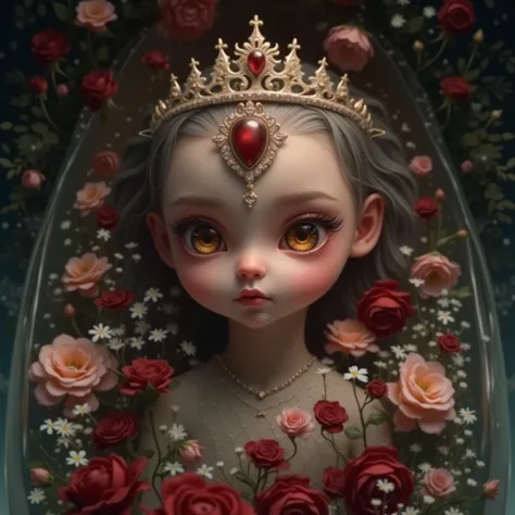 Tiny Vampire Empress Lying Down in a Glass coffin that filled with colorful flowers, Buried in Colorful roses, Gypsophila, Beautiful Reflective Eyes, Innocent, Tiara with brilliant Ruby, Leggy Full Body from DirectlyAbove,  (Red Roses Covering her Rocket-O...