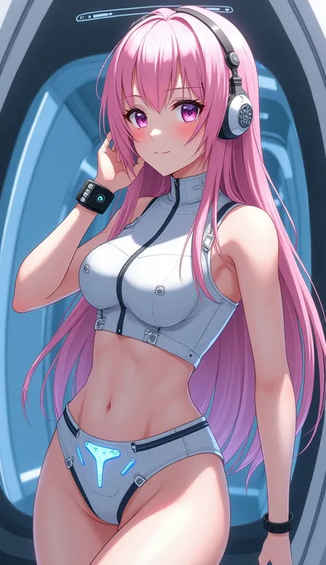 Detailed anime illustration, pixiv style,anime love-live style, zero gravity space. Woman dressed in white spaceship high-tech capsule, cold sleep device. Japanese woman, pink long hair, blush,shy,wearing futuristic underwear with biosensors and circuit pa...