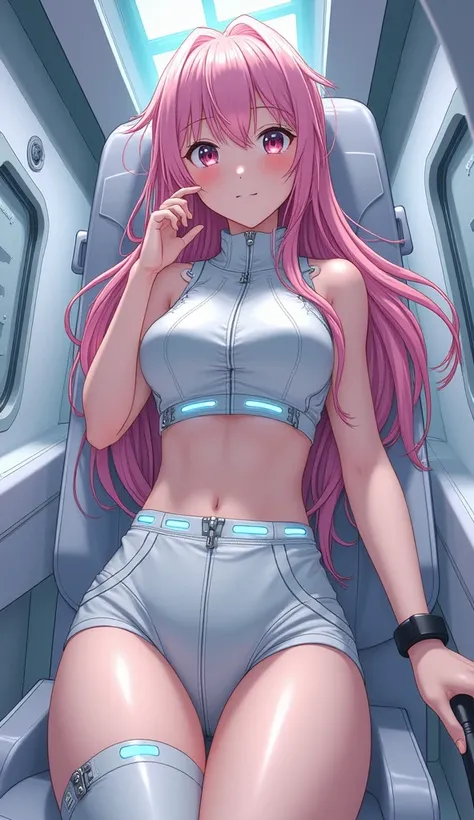 Detailed anime illustration, pixiv style,anime love-live style, zero gravity space. Woman dressed in white spaceship high-tech capsule, cold sleep device. Japanese woman, pink long hair, blush,shy,wearing futuristic underwear with biosensors and circuit pa...