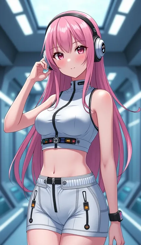 Detailed anime illustration, pixiv style,anime love-live style, zero gravity space. Woman dressed in white spaceship high-tech capsule, cold sleep device. Japanese woman, pink long hair, blush,shy,wearing futuristic underwear with biosensors and circuit pa...