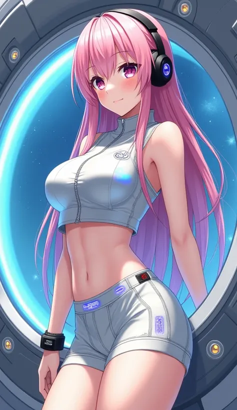 Detailed anime illustration, pixiv style,anime love-live style, zero gravity space. Woman dressed in white spaceship high-tech capsule, cold sleep device. Japanese woman, pink long hair, blush,shy,wearing futuristic underwear with biosensors and circuit pa...