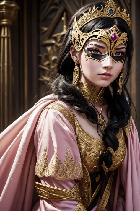  Norse woman with black hair ,  tied in a ponytail and golden gala mask on the face, dressed in a medieval princess outfit , pink clothes with white and gold details , com look of disdain, She wears a gala mask on her face ,  her clothes are a mix of pink ...