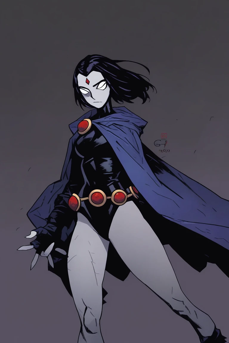 1girl, solo, no pupils, raven \(dc\), leotard, cape, thighs, belt, fingerless gloves, grey skin, 
masterpiece, best quality, alomik