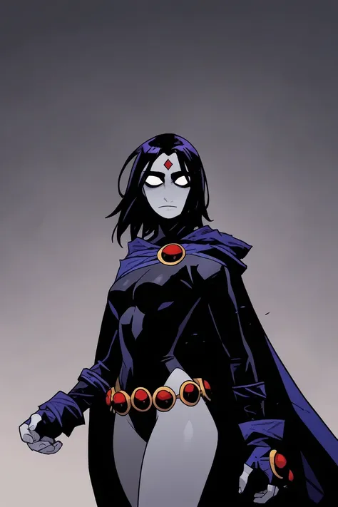 1girl, solo, no pupils, raven \(dc\), leotard, cape, thighs, belt, fingerless gloves, grey skin, 
masterpiece, best quality, alomik