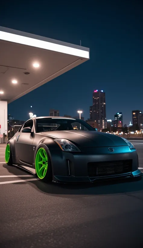 Gas station with Nissan 350z Liberty Walk
Matte black green wheel rim with the city in the background at night