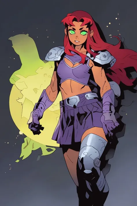 1girl, solo, starfire, toned, armor, leg armor, shoulder armor, purple shirt, purple skirt, pleated skirt, purple gloves, green eyes, glowing eyes, parted lips, space, shadow, zoom layer, 
masterpiece, best quality, alomik