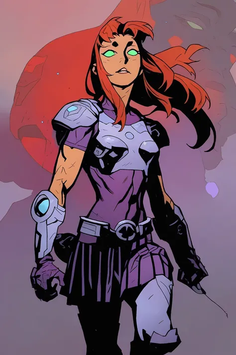 1girl, solo, starfire, toned, armor, leg armor, shoulder armor, purple shirt, purple skirt, pleated skirt, purple gloves, green eyes, glowing eyes, parted lips, space, shadow, zoom layer, 
masterpiece, best quality, alomik