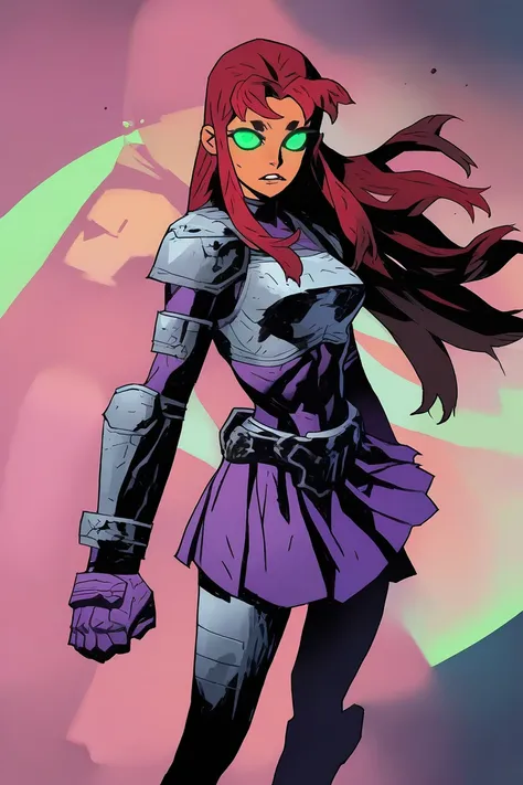 1girl, solo, starfire, toned, armor, leg armor, shoulder armor, purple shirt, purple skirt, pleated skirt, purple gloves, green eyes, glowing eyes, parted lips, space, shadow, zoom layer, 
masterpiece, best quality, alomik