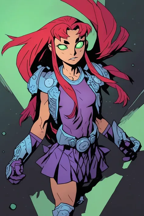 1girl, solo, starfire, toned, armor, leg armor, shoulder armor, purple shirt, purple skirt, pleated skirt, purple gloves, green eyes, glowing eyes, parted lips, space, shadow, zoom layer, 
masterpiece, best quality, alomik