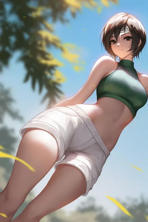 1girl, solo, yuffie kisaragi, midriff, white shorts, depth of field, outdoors, blue sky, 
masterpiece, best quality, liaing