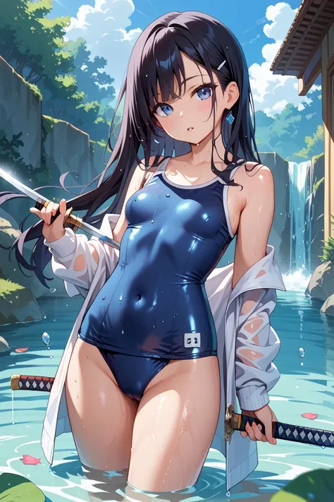 1girl, solo, long hair, looking at viewer, blush, blue eyes, black hair, bare shoulders, standing, thighs, outdoors, cowboy shot, small breasts, parted lips, open clothes, holding weapon, off shoulder, wet, covered navel, holding sword, school swimsuit, ka...