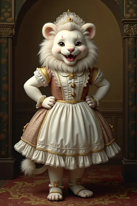 photorealistic portrait of Dressed animals - a ((fat)) (baby white lion) maid, (art by Giuseppe Arcimboldo:1.2),(full body image:1.5),(furry),(happy smile),(hands on hips:1.5), ,(intricate detailed (Lolita Fashion:1.5), highly detailed clothes ,ruffle head...