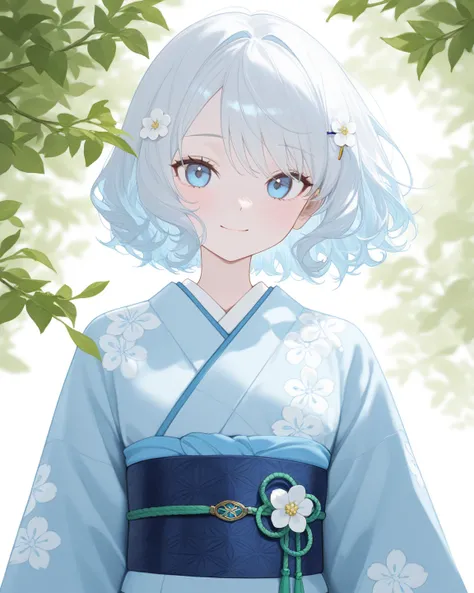 A delicate and serene anime-style female character with short, slightly wavy white hair that curls gently at the ends, giving her a playful and adorable look. She has soft bangs that frame her large, striking blue eyes, enhancing her innocent and charming ...