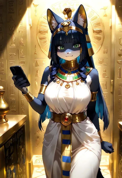 1boy, (furry, kemono:1.4), cat girl, animal nose, cat ears, ornate_egyptian_robe, hieroglyphics_embroidery, golden_decorations, standing, holding_smartphone, smiling, short_curly_hair, traditional_egyptian_style, cheerful_expression, looking_at_camera, sma...