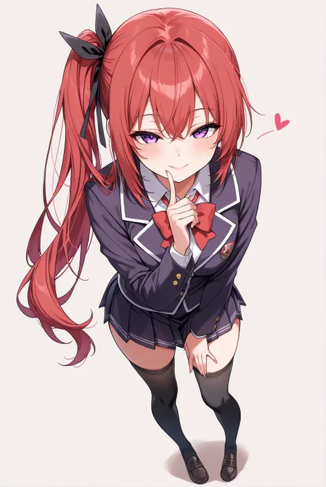 ((masterpiece, best quality, extremely detailed)), 1girl, red hair, long hair, side ponytail, purple eyes, hair ribbon, school uniform, black thighhighs, seductive smile, standing, looking at viewer, full body, no cropping, simple background,