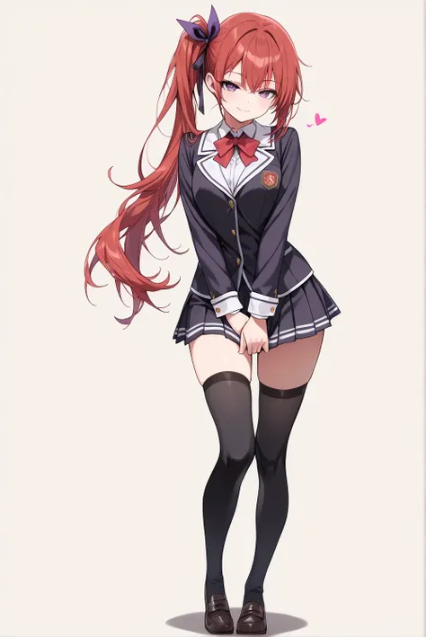 ((masterpiece, best quality, extremely detailed)), (1girl), red hair, long hair, side ponytail, purple eyes, hair ribbon, school uniform, black thighhighs, seductive smile, standing, looking at viewer, full body, no cropping, simple background,