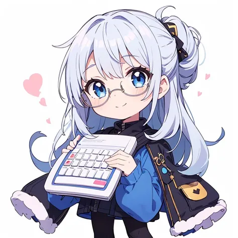 1girl,silver hair,half updo,blue eyes,glasses,Blue clothes,chibi,smile,white background ,stand,calculator in hand