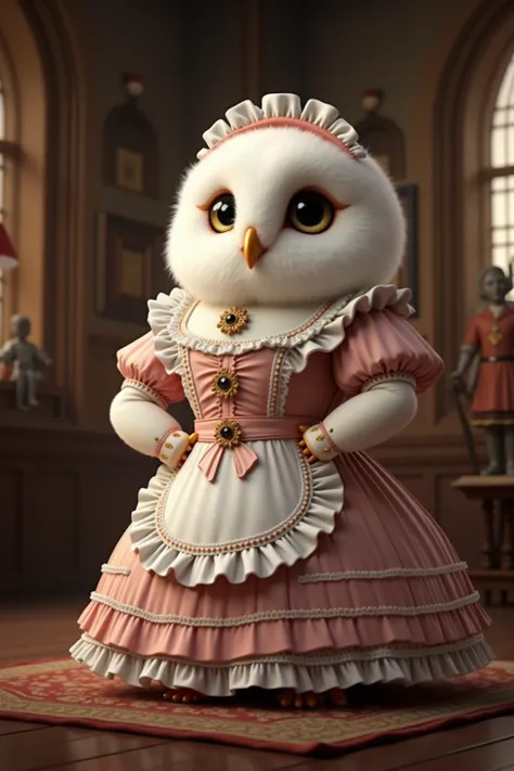 photorealistic portrait of Dressed animals - a ((fat)) chibi (baby white owl) maid, (art by Carne Griffiths:1.2),(full body image:1.5),(furry),(happy smile),(hands on hips:1.5), ,(intricate detailed (Lolita Fashion:1.5), highly detailed clothes ,ruffle hea...