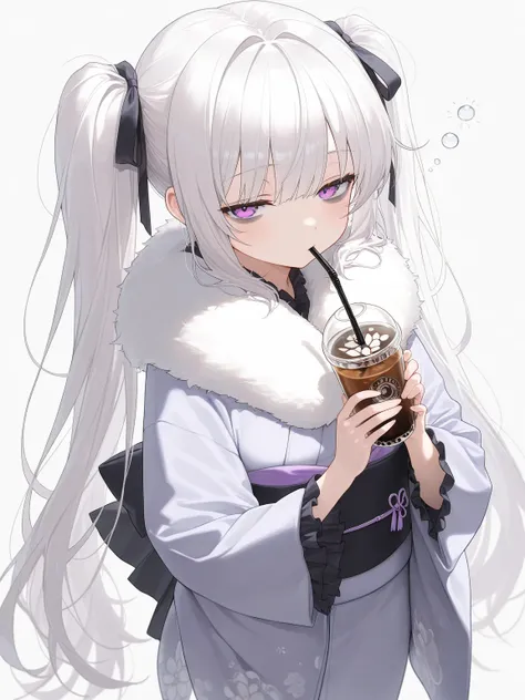 1girl, white hair, very long hair, twintails, purple eyes, looking at viewer, sleepy, bags under eyes, (fur-trimmed kimono, frills, hair ribbon), iced coffee, holding, drinking straw in mouth, dynamic angle,, (masterpiece, best quality, extremely detailed)...