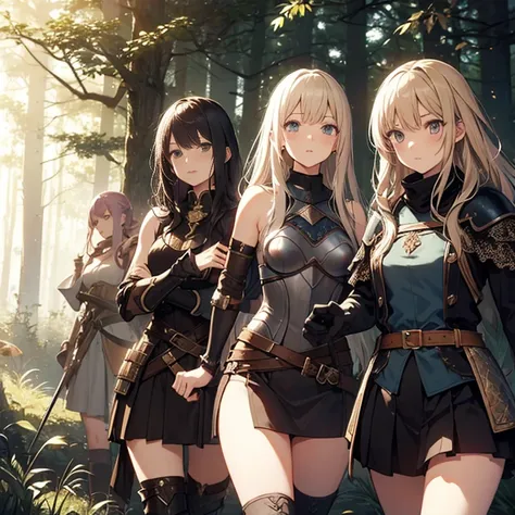 A group of  female medieval fantasy adventurers, (in forest), various hair styles, harem, night, details face, short skirt, seducing, sleeveless, armor,