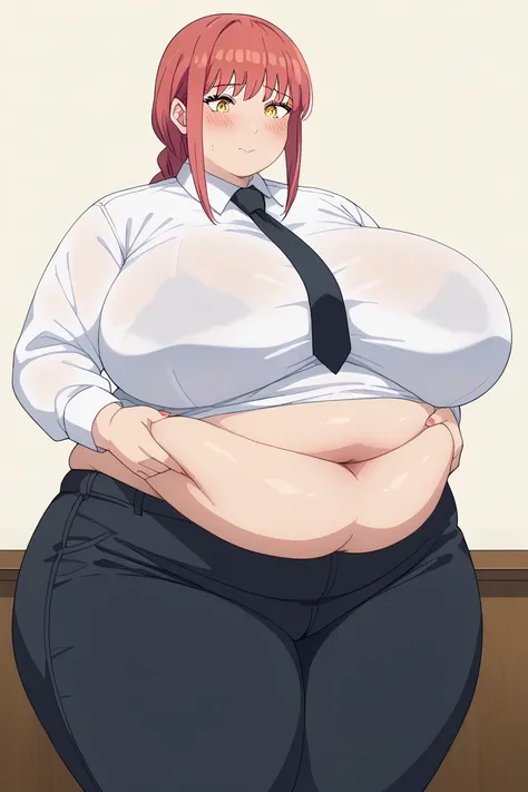 Makima, Makima,  long hair、bangs、 shirt、 Long Sleeve, yellow eyes, white  shirt、 braided 、 thighs、Red Hair、 ties, collared  shirt、 black pants 、black  ties,gigantic breasts,enormous breasts,Sloppy belly fat, pinch belly fat with both hands, company office ...