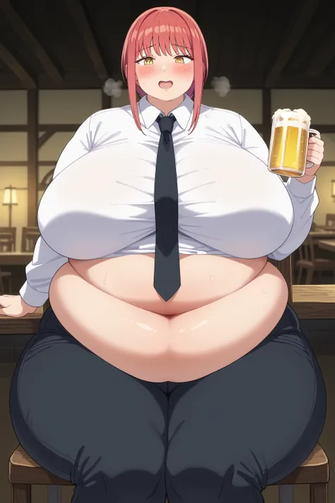 Makima, Makima,  long hair、bangs、 shirt、 Long Sleeve, yellow eyes, white  shirt、 braided 、 thighs、Red Hair、 ties, collared  shirt、 black pants 、black  ties,gigantic breasts,enormous breasts,Sloppy belly fat, wide open mouth,I'm burping out of my mouth , Li...