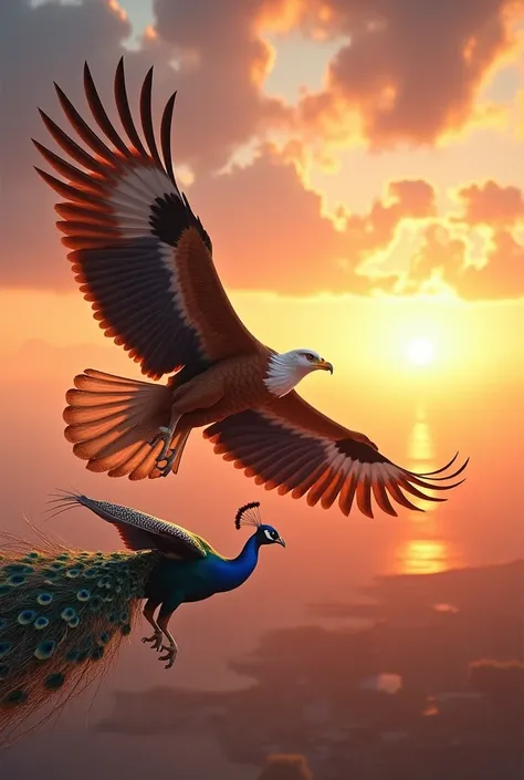 extremely detailed CG 8k wallpaper, master part,  best quality), stunning sunset, majestic eagle and  another  beautiful peacock flying  simultaneously over the horizon.