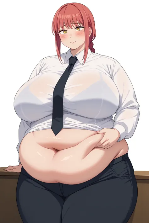 Makima, Makima,  long hair、bangs、 shirt、 Long Sleeve, yellow eyes, white  shirt、 braided 、 thighs、Red Hair、 ties, collared  shirt、 black pants 、black  ties,gigantic breasts,enormous breasts,Sloppy belly fat, pinch belly fat with both hands, company office ...