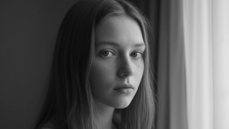 18 year old girl with straight red haired and big blue eyes, b&w photography, monochrome photography, a thin light comes into the room from the window and through the curtains onto the model's face, long hair, 1girl, three-quarter profile, portrait, camera...