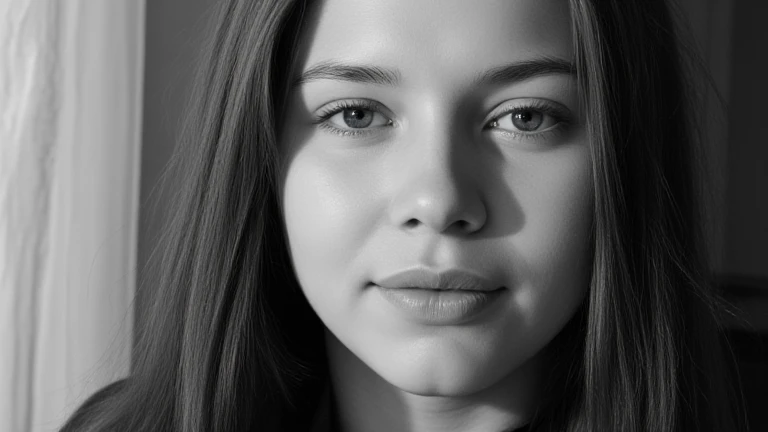 18 year old girl with straight red haired and big blue eyes, b&w photography, monochrome photography, a thin light comes into the room from the window and through the curtains onto the model's face, long hair, 1girl, three-quarter profile, portrait, camera...