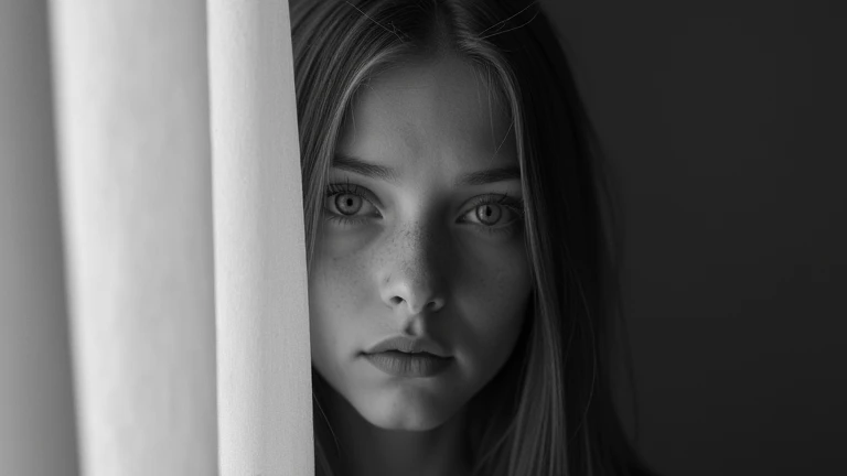 18 year old girl with straight red haired and big blue eyes, b&w photography, monochrome photography, a thin light comes into the room from the window and through the curtains onto the model's face, shadow in the background, model behind the curtain, long ...