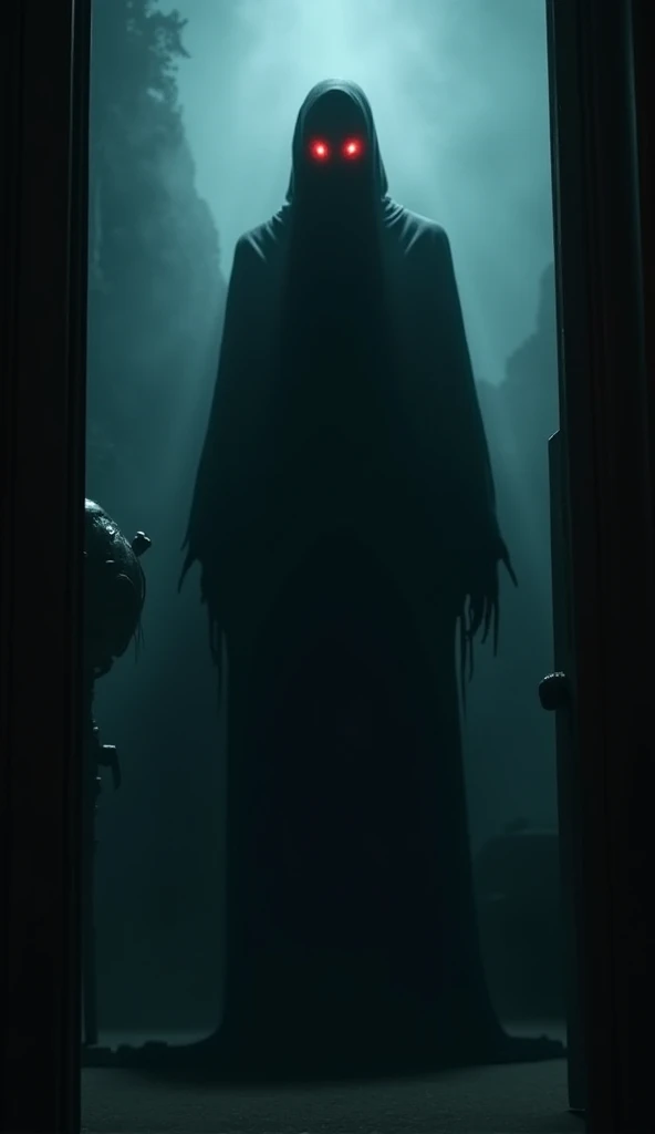 Shadowy Figure
"A tall, shadowy figure with a vague form, glowing red eyes, emerging from the darkness inside the house. A dark and menacing aura surrounds it, intimidating anyone who dares to look."