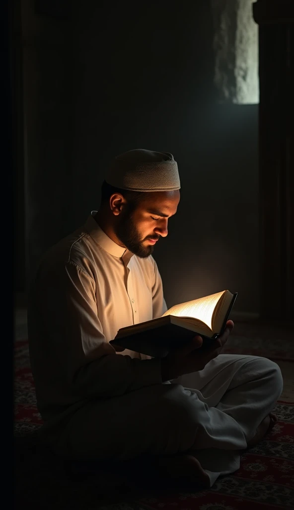 Hasan Reciting the Qur’an
"Hasan sits on the floor of the dark old house, reciting the Qur’an calmly. A soft, divine light emanates from the Qur’an, illuminating his face while the surrounding darkness starts to fade."