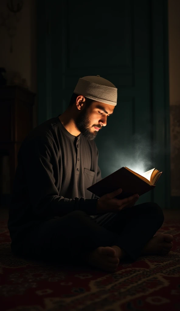 Hasan Reciting the Qur’an
"Hasan sits on the floor of the dark old house, reciting the Qur’an calmly. A soft, divine light emanates from the Qur’an, illuminating his face while the surrounding darkness starts to fade."